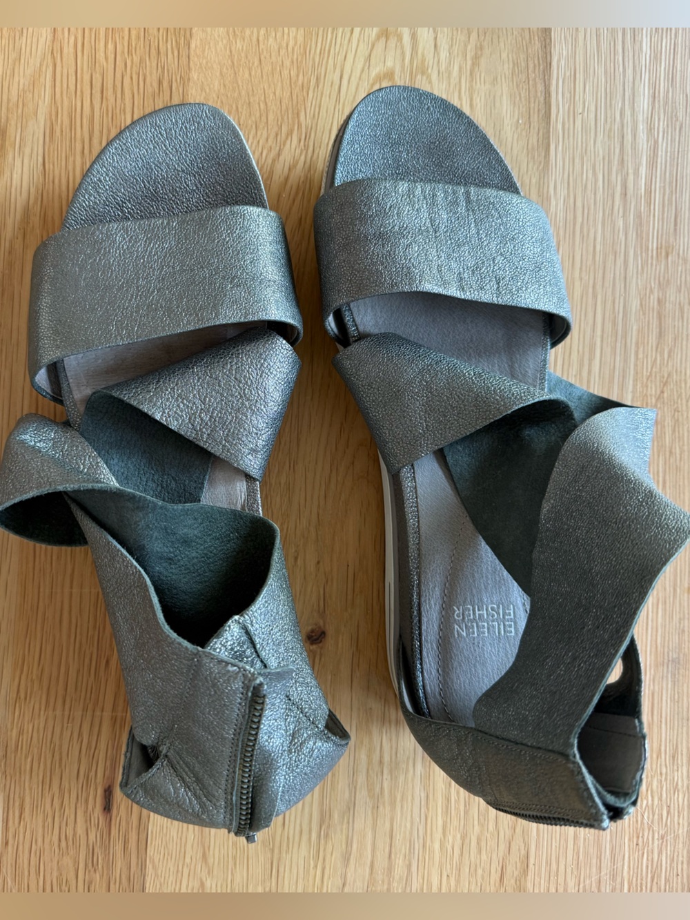 Eileen Fisher Pewter Metallic Wrap Sandal, Sz 10